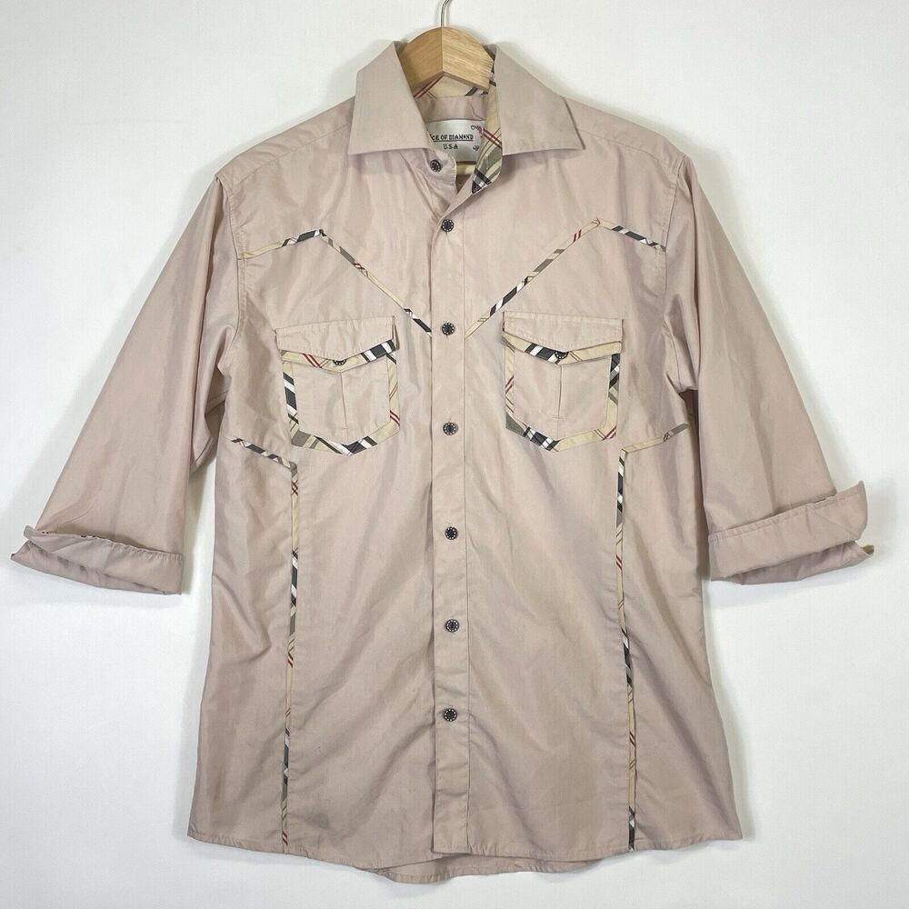 Ace of Diamond USA Shirt Mens Small Beige Plaid Trim Western‎ Rodeo 3/4 Sleeve